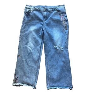 Y2K Floral Embroidered Distressed Relaxed Boyfriend Jeans, Weekend, Casual, 20W